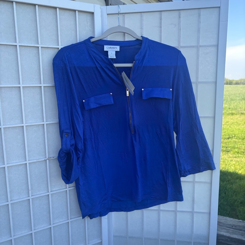 Carmen Royal Blue Half-Zip Utility Blouse